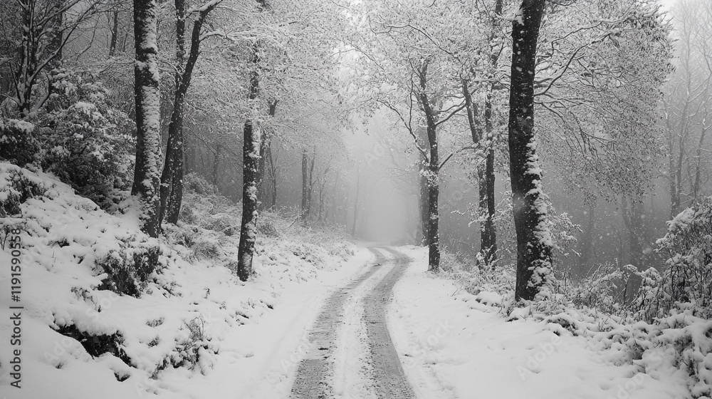 Obraz premium Winter wonderland along a winding forest path covered in fresh snow