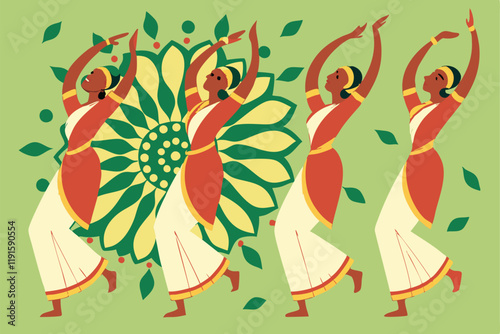 Traditional Indian dancers, vibrant red and gold costumes, white dhotis, choreographed formation, Thiruvathirakali dance, Kerala culture, energetic poses, raised arms, joyful expression, colorful illu