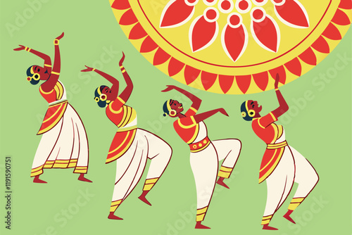 Traditional Indian dancers, vibrant red and gold costumes, white dhotis, choreographed formation, Thiruvathirakali dance, Kerala culture, energetic poses, raised arms, joyful expression, colorful illu