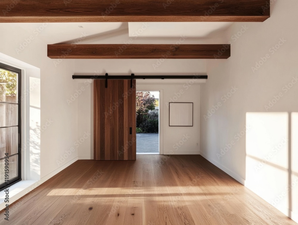 Obraz premium A large open room with a wooden door and a window