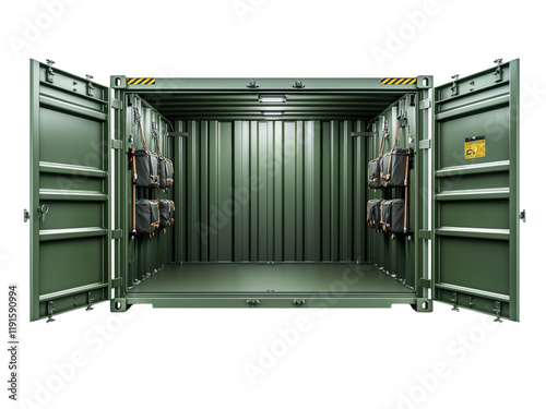 Open Green Shipping Container with Gear Storage Isolated on transparent background