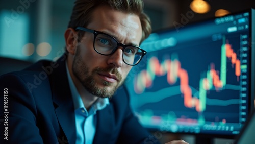 Portrait of a financial analyst in a sleek blazer  blurred stock data in background. Insightful  calculated expression conveys expertise. No hands shown.
