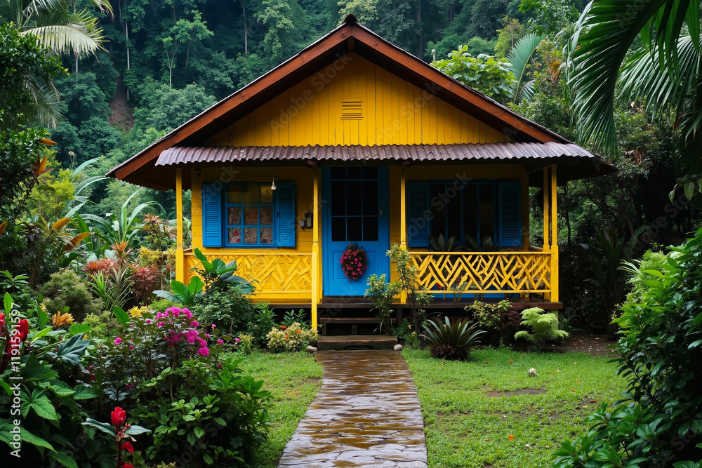 A small yellow house with blue shutters in the middle of a lush green garden