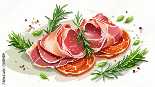 Thin slices of prosciutto or cured ham artfully arranged on white marble countertop, sprigs of fresh rosemary scattered, flakes of sea salt, high-resolution food photography, soft .