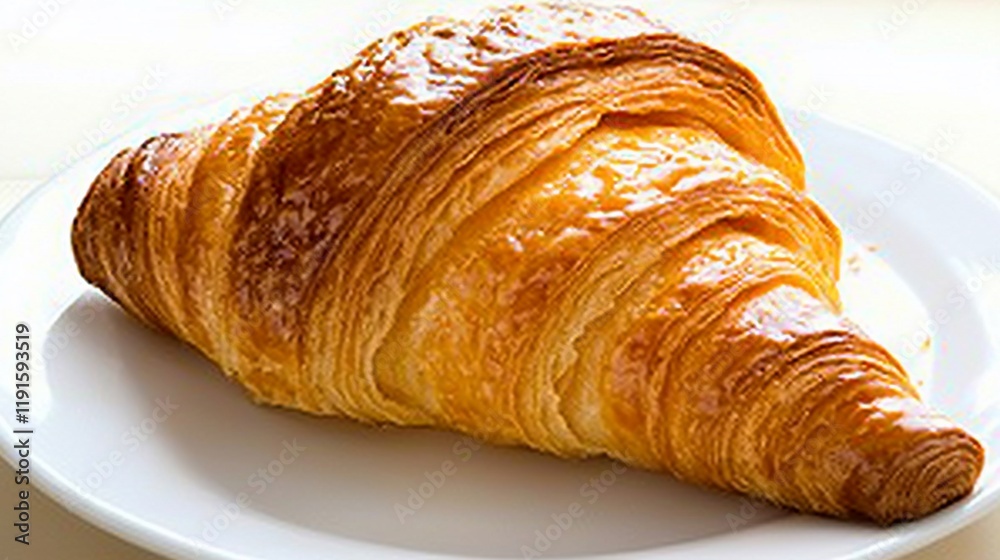 Golden-brown croissant on a white plate. Golden-brown croissant on a white plate.