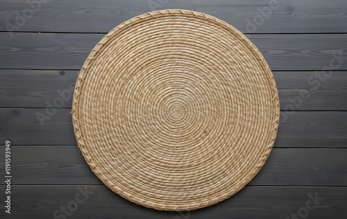 Wicker straw place mat on wooden dark background. Top view