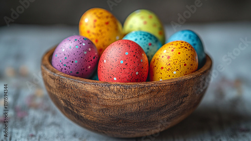 Easter bright eggs in a wooden bowl. Interior photography.