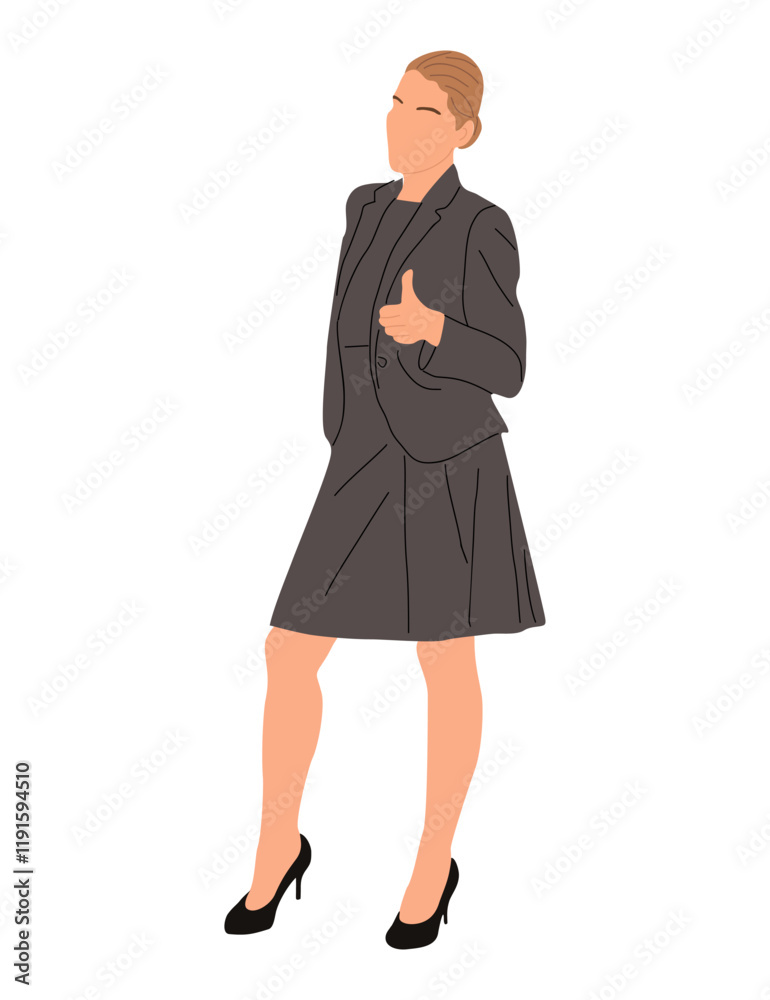 Businesswoman character showing thumb up. Pretty woman wearing formal suit standing side view. Vector realistic illustration isolated on white background. Businesswoman character showing thumb up. Pretty woman wearing formal suit standing side view. Vector realistic illustration isolated on white background.