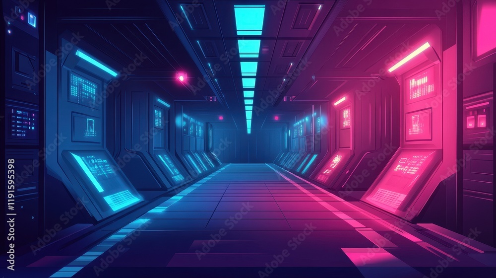 Fototapeta premium Futuristic Neon Lit Spaceship Corridor Design
