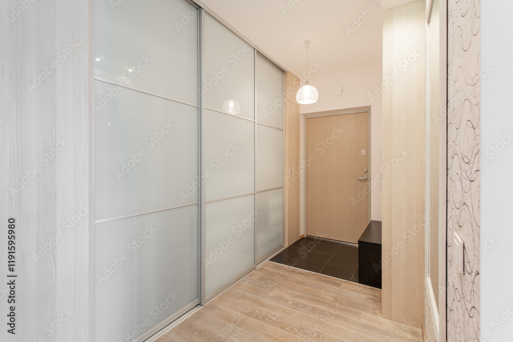 Home Entrance Hall. Interior. Wooden Outdoor Door, Brown Flooring. Minimalism. LED Light. Glassy Outfit Wardrobe. Black Bench Home Entrance Hall. Interior. Wooden Outdoor Door, Brown Flooring. Minimalism. LED Light. Glassy Outfit Wardrobe. Black Bench