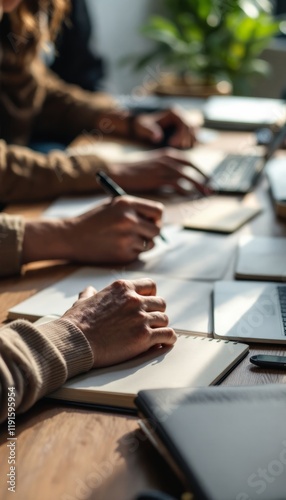 Close up of people at a table writing and using laptops in a meeting setting