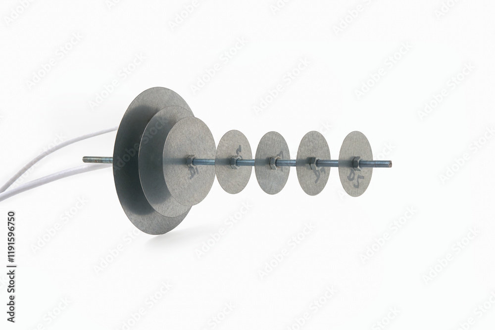 Handmade model of antenna - directional cannon for receiving and amplifying 3G, 4G signal on white background. Copy space.