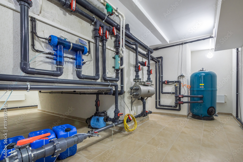 Complex wiring of pipelines with sensors, switches, pressure gauges in the interior of a .modern boiler room. Complex wiring of pipelines with sensors, switches, pressure gauges in the interior of a .modern boiler room.