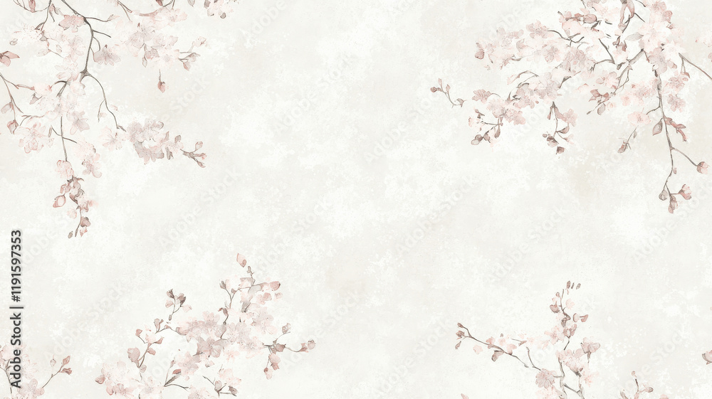 Minimalist Japanese-style wallpaper with delicate cherry blossoms scattered on a pale cream background, evoking calm and refined beauty.