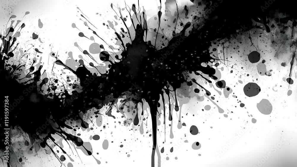 Abstract black ink splatter on a white background, creating a dynamic visual effect.