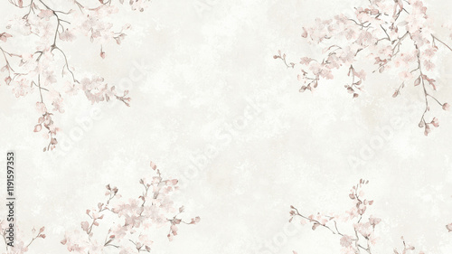 Obraz na płótnie Minimalist Japanese-style wallpaper with delicate cherry blossoms scattered on a pale cream background, evoking calm and refined beauty. w salonie