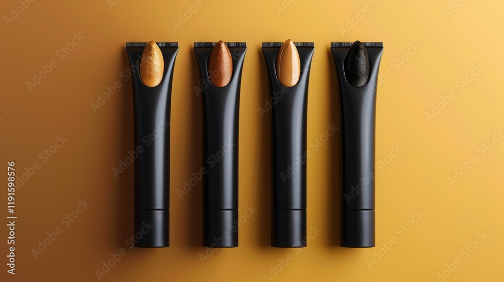 Four tubes of makeup are lined up on a yellow background Four tubes of makeup are lined up on a yellow background