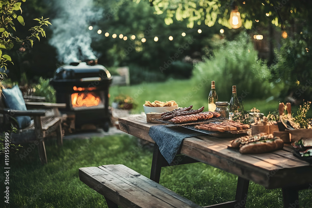 Backyard garden with a barbecue grill and a wooden table, creating an inviting summer party atmosphere Backyard garden with a barbecue grill and a wooden table, creating an inviting summer party atmosphere