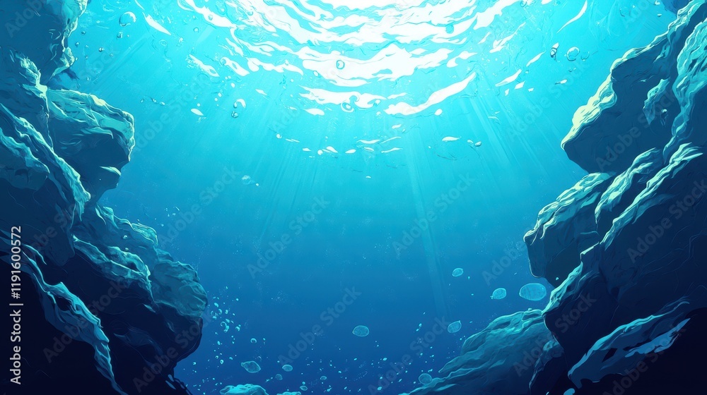 Obraz premium Underwater Scene Depicting Sunlit Rocks and Bubbles