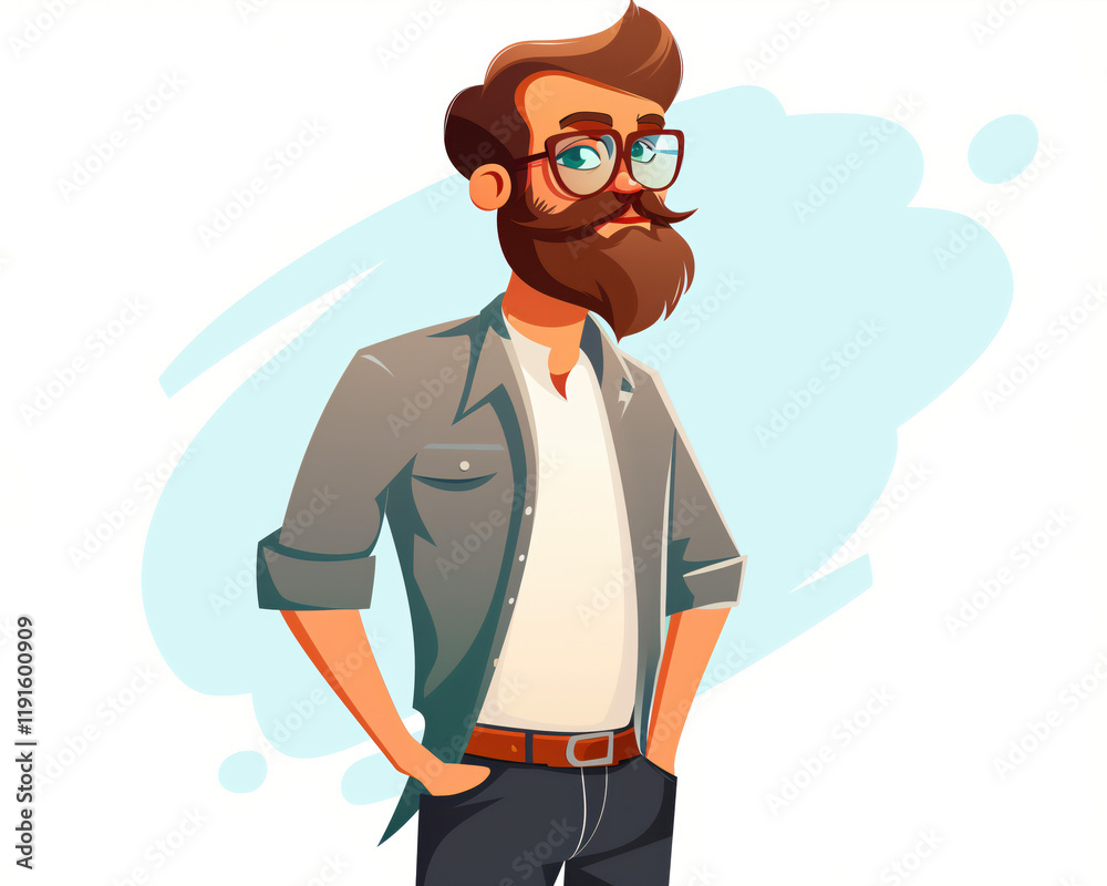 Stylish Bearded Man Illustration with Glasses and Casual Attire in Modern Art Style Stylish Bearded Man Illustration with Glasses and Casual Attire in Modern Art Style