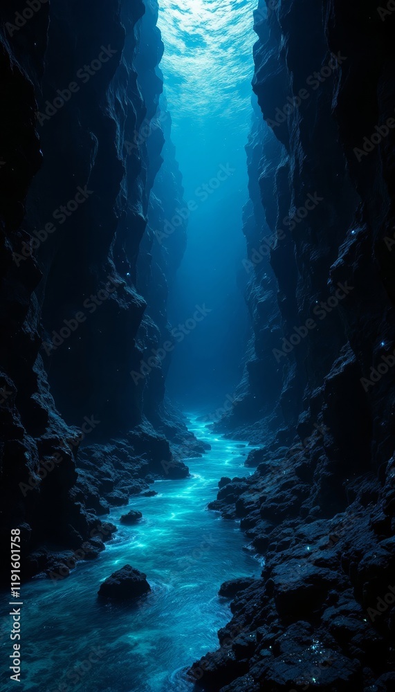 Mysterious Underwater Canyon with Glowing Stream and Dark Rock Formations Deep Sea Mysterious Underwater Canyon with Glowing Stream and Dark Rock Formations Deep Sea