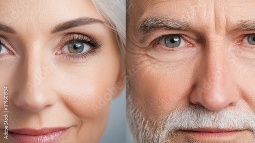 Close-up of mature woman's and man's faces, emphasizing their eyes skin details