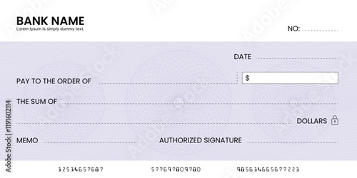 Blank bank check, checkbook cheque template or money payment paper voucher, vector mockup. Business or personal account cash pay cheque certificate or paycheck coupon from checkbook