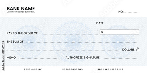 Blank bank check, checkbook cheque template or money payment paper voucher, vector mockup. Business or personal account cash pay cheque certificate or paycheck coupon from checkbook