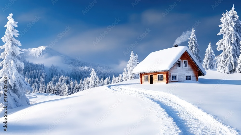 Snow-covered cabin in serene winter landscape with trees and mountains Snow-covered cabin in serene winter landscape with trees and mountains