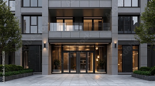 Aluminum sliding double door with glass and aluminum frames on the street in front multi-story buildings, gray color, glass doors with chrome accents. photo