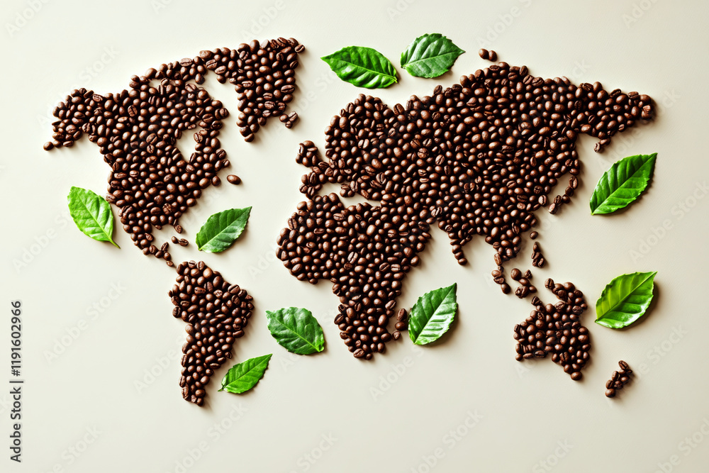 Coffee beans are arranged in the shape of a world map with scattered green leaves on a beige surface. Concept of global coffee culture. For coffee-themed design.