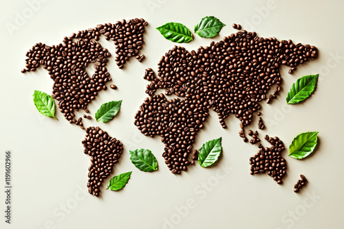 Obraz na płótnie Coffee beans are arranged in the shape of a world map with scattered green leaves on a beige surface. Concept of global coffee culture. For coffee-themed design. w salonie