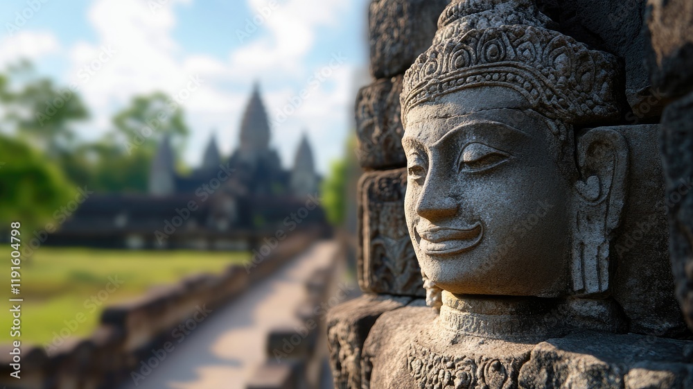 Ancient stone statue with temple in background, lush trees, sunny day