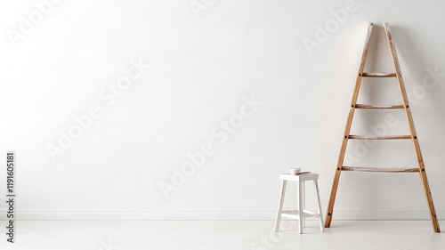 Minimalist room with wooden ladder and stool next to white wall