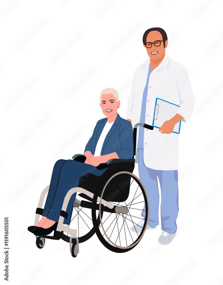 Male doctor with patient woman in wheelchair. Aged medical professional with disabled or injured attractive girl. Vector flat illustration isolated on white background. Male doctor with patient woman in wheelchair. Aged medical professional with disabled or injured attractive girl. Vector flat illustration isolated on white background.
