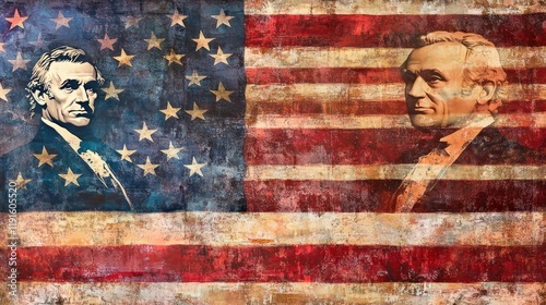 A vintage painting of two men on a flag background with a brush stroke effect