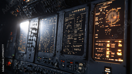 Modern aircraft cockpit with illuminated avionics displays and navigation instruments showcasing advanced technology

