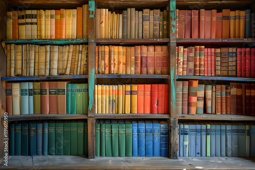 Vintage hardcover books arranged by color on rustic wooden shelves create rainbow effect perfect for library, education, or knowledge concept backgrounds.