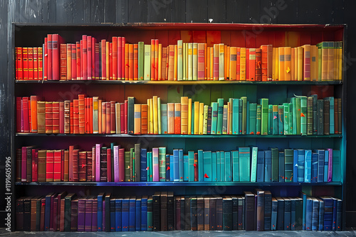 Rainbow colored books arranged on dark wooden shelves creating vibrant spectrum display. Perfect for education, library, knowledge, or literary design projects and publishing concepts. photo