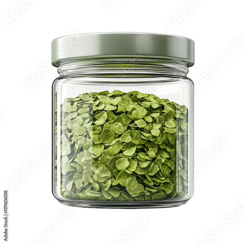 Fresh Green Herb Leaves in Glass Jar Isolated on transparent background