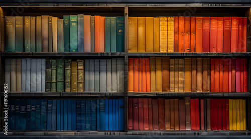 Wallpaper Mural Colorful vintage books arranged by color spectrum on wooden library shelves creating rainbow gradient effect. Perfect for education, literature and knowledge concepts. Torontodigital.ca