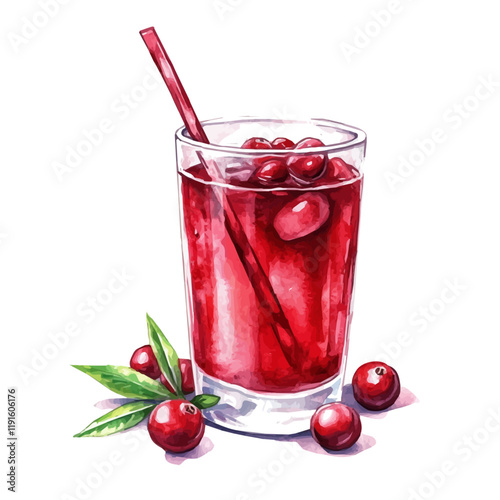A watercolor of a glass of cranberry juice, isolated on a white background. Cranberry juice vector.

