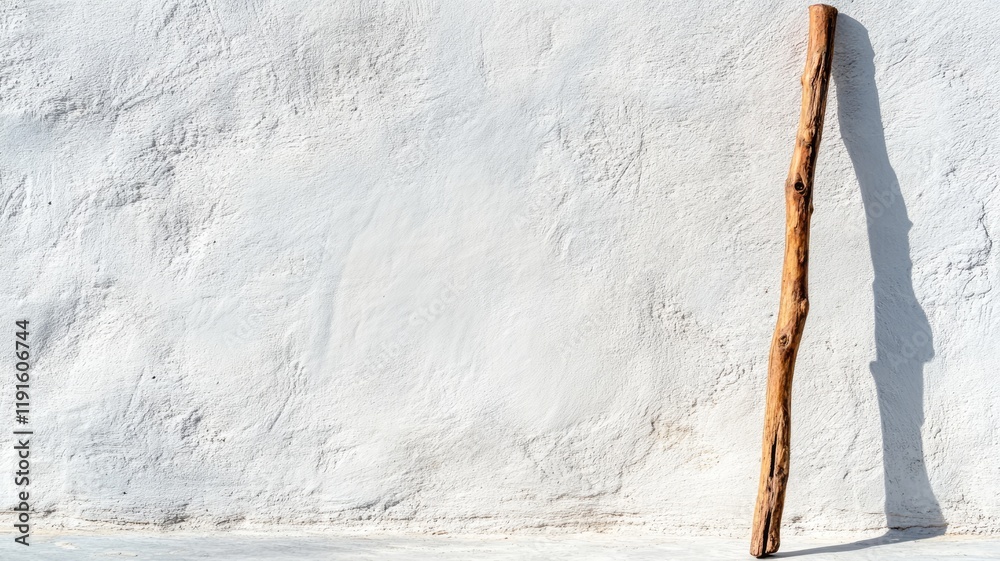 Obraz premium Rustic wooden staff leaning against textured white wall