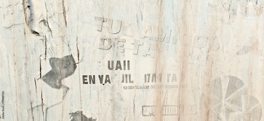 Obraz premium Old torn urban street posters background. White creased ripped paper placard texture background. Faded and weathered paper placard on the wall outdoors