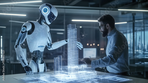A humanoid robot helping a human architect build a 3D holographic model of a futuristic skyscraper in a design studio. photo