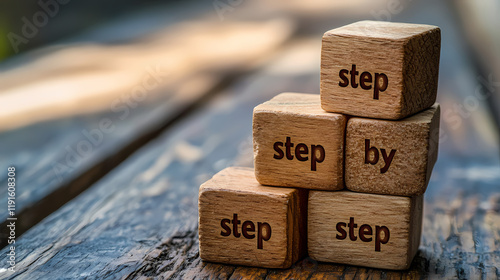 Wallpaper Mural Wooden blocks stacked with the phrase "step by step" emphasize a progressive, methodical approach to tasks or learning. Rivermist. Illustration Torontodigital.ca
