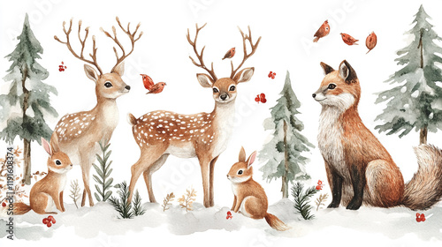 Fototapeta Naklejka Na Ścianę i Meble -  Woodland animals in a snowy forest during winter season with decorative elements