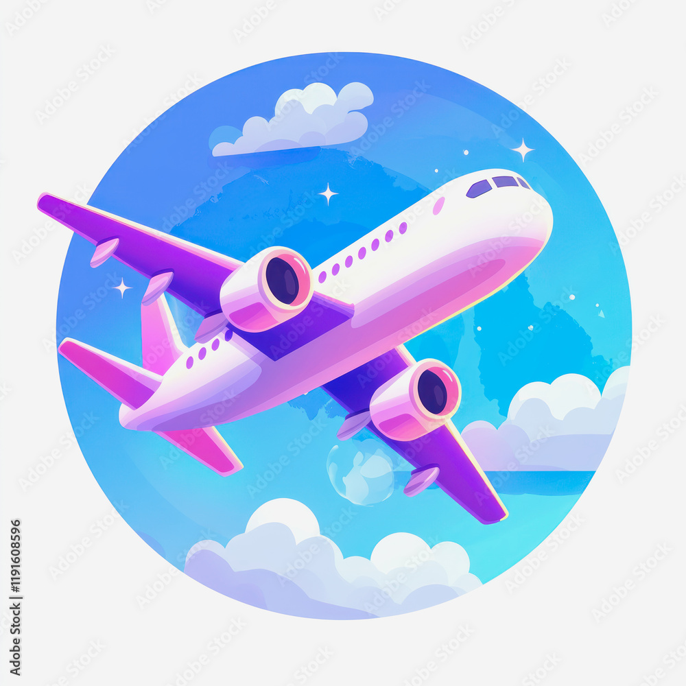 Fototapeta premium Graphic representation of a plane flying through a bright sky with stylized clouds