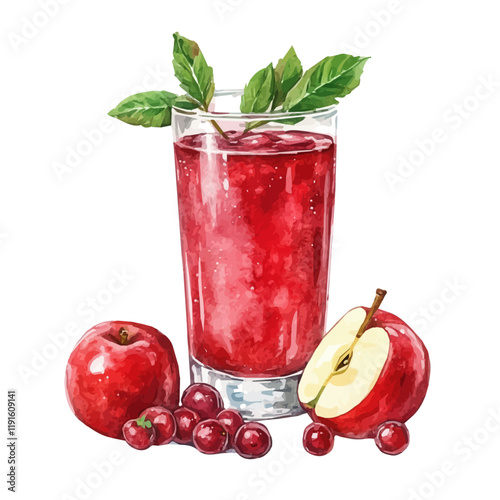 A watercolor of a glass of cranberry apple juice, isolated on a white background. Cranberry apple juice vector.
