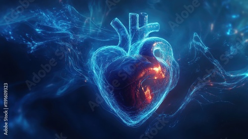 Glowing Heart Abstract Render with Blue Veins and Red Hot Center Concept